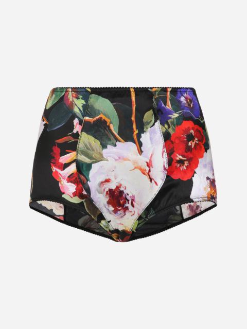 Satin high-waisted panties with rose garden print