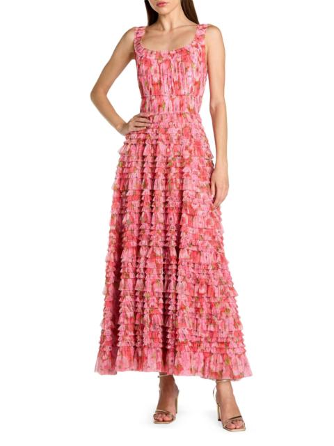 MAC DUGGAL Women's Floral Mesh Ruffled Maxi Dress - Cherry Multi