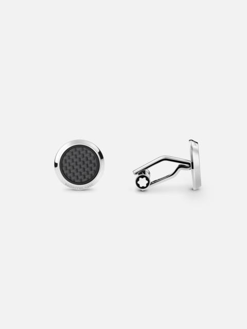 Montblanc Cufflinks, round in stainless steel with carbon-patterned inlay