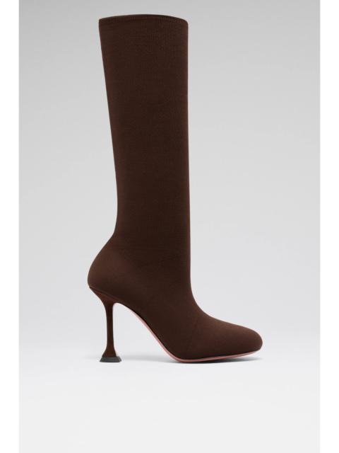 Amina Muaddi VENEDA STRETCH BOOT 95 COFFEE FINE KNIT