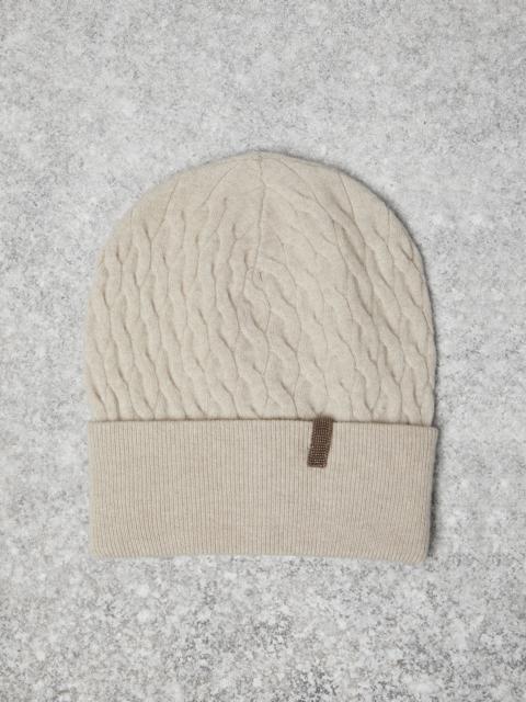 Brunello Cucinelli Virgin wool, cashmere and silk cable knit beanie with shiny tab
