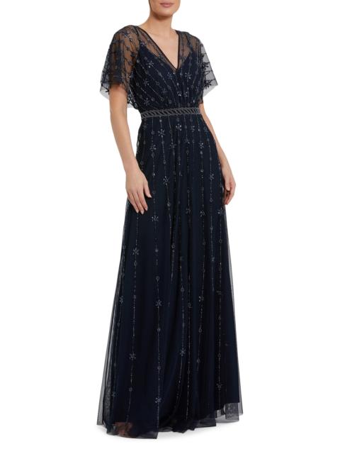 MAC DUGGAL Women's Crystal-Embellished Flutter-Sleeve A-Line Gown - Midnight