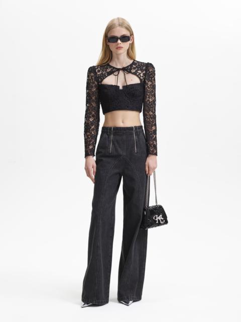 self-portrait Black Lace Tie Neck Crop Top