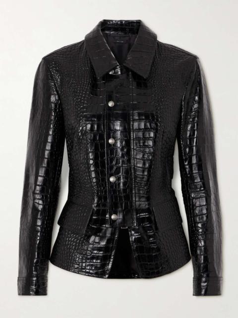 Cropped croc-effect leather jacket