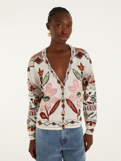 FARM RIO Off-White Ainika Embroidered Flower Knit Cardigan