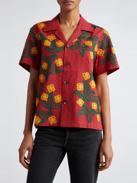 Marigold Wreath Embroidered Cotton Camp Shirt