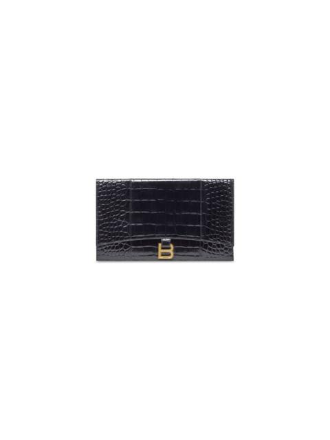 BALENCIAGA Women's Hourglass Flat Pouch With Flap Crocodile Embossed  in Black