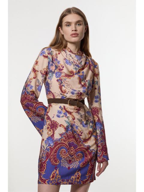 KAREN MILLEN Premium Viscose Linen Paisley Border Print Woven Mini Dress