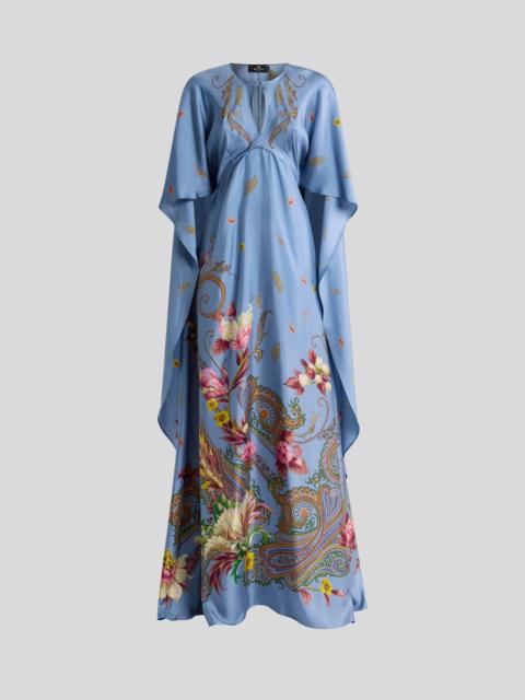 Etro LONG SILK DRESS WITH CAPE AND PLACED FLORAL PAISLEY PRINT