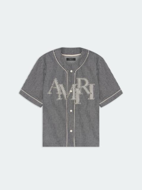 AMIRI STRIPED DENIM LOGO APPLIQUE BASEBALL SHIRT