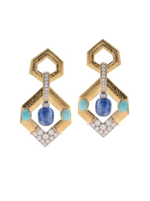 DAVID WEBB Sapphire V Inset Hexagonal Doorknocker Earrings