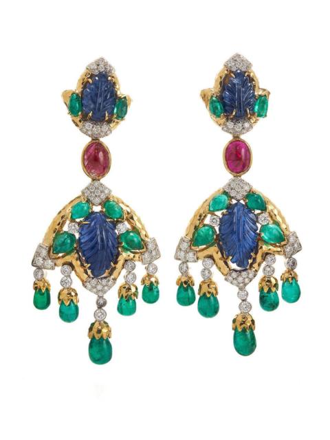 DAVID WEBB Emerald Sapphire Ruby Diamond Amazon Earrings