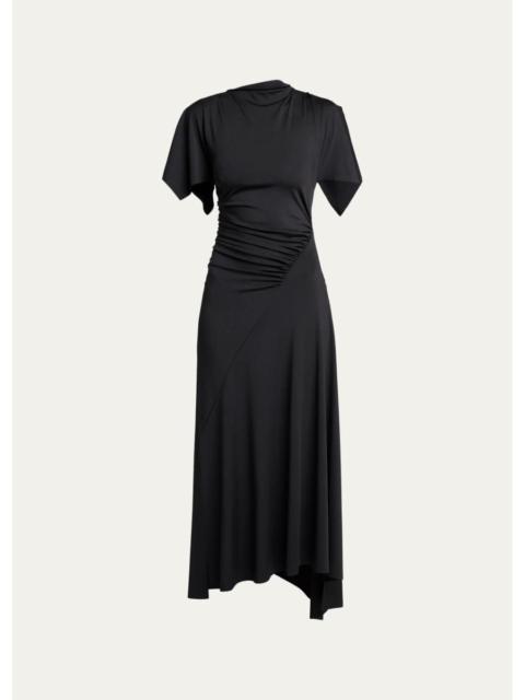 Victoria Beckham Blousey Asymmetric Short-Sleeve Midi Dress