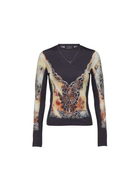 LACE PRINT LONG SLEEVE TOP / BLK