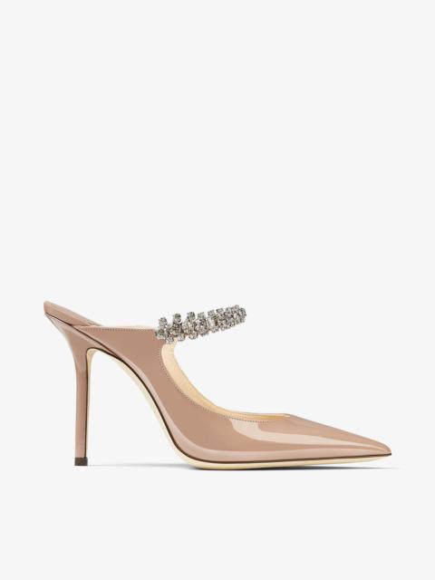 JIMMY CHOO Bing 100
Ballet Pink Patent Leather Mules with Crystal Strap