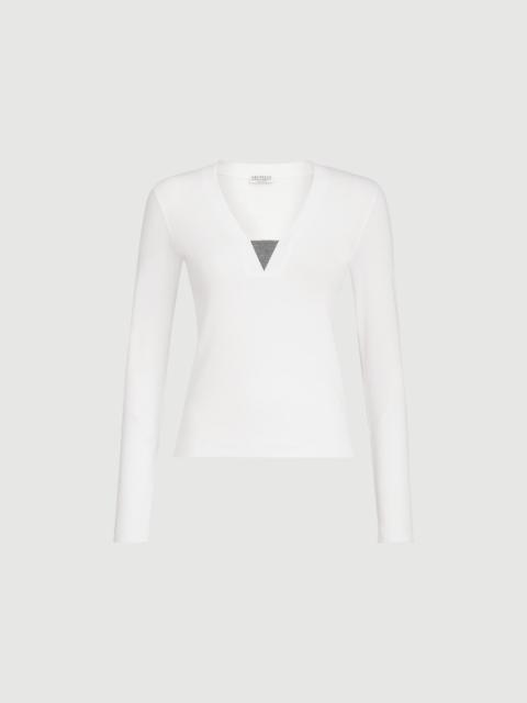 Brunello Cucinelli Stretch cotton ribbed jersey top with precious insert
