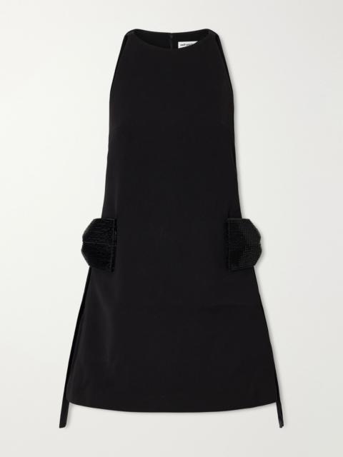 self-portrait Bow-detailed bead-embellished crepe mini dress Black
