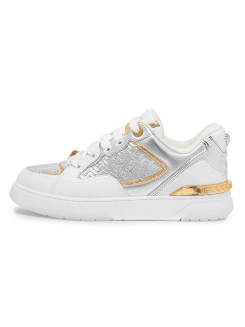 VERSACE Men's Laminated Leather Sneakers - White Silver