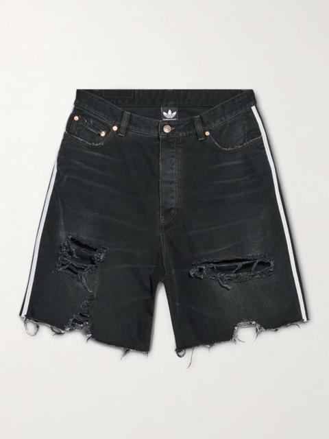 BALENCIAGA + adidas Wide-Leg Distressed Striped Denim Shorts