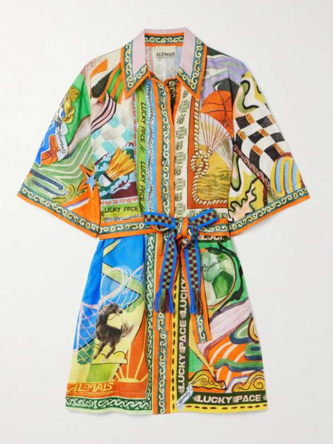 ALÉMAIS Lucky Pace belted printed linen-gauze mini shirt dress Multi