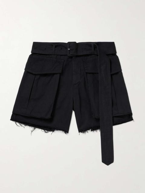 Straight-Leg Belted Frayed Cotton-Gabardine Cargo Shorts