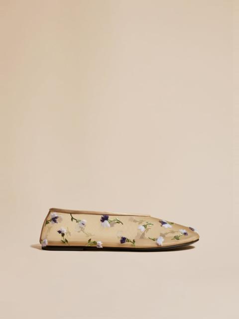 KHAITE The Marcy Flat in Beige Mesh with Purple Floral Embroidery