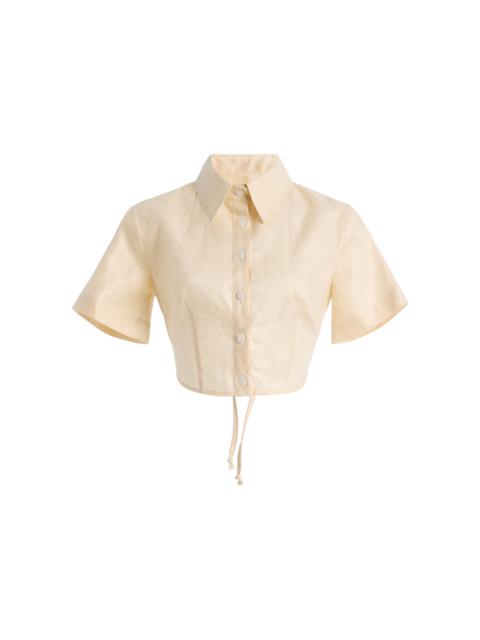 MATTHEW BRUCH Linen Cropped Tie-Back Shirt ivory