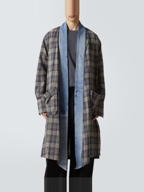 Greg Lauren $1600 Greg Lauren Plaid Denim-Trim Long GL1 kimono robe