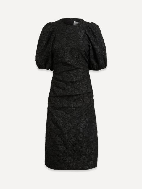 GANNI Black Jacquard Puff-Sleeve Midi Dress