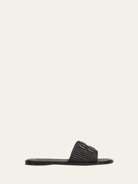 Miu Miu Raffia Logo Flat Slide Sandals