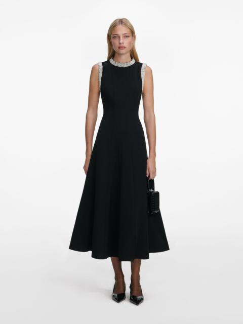 self-portrait Black Crepe Pearl Trim Midi Dress