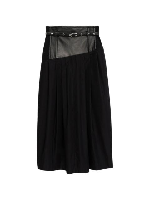 Yoke leather pleated midi skirt