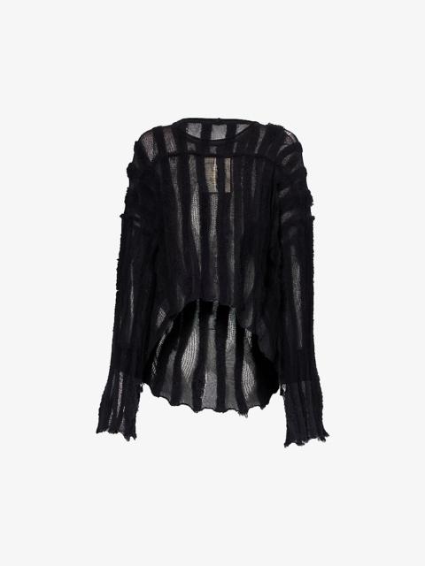Distressed semi-sheer cotton-blend knitted top
