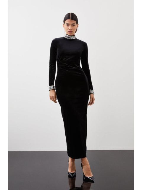 KAREN MILLEN Stretch Velvet Crystal Embellished Long Sleeve Maxi Dress