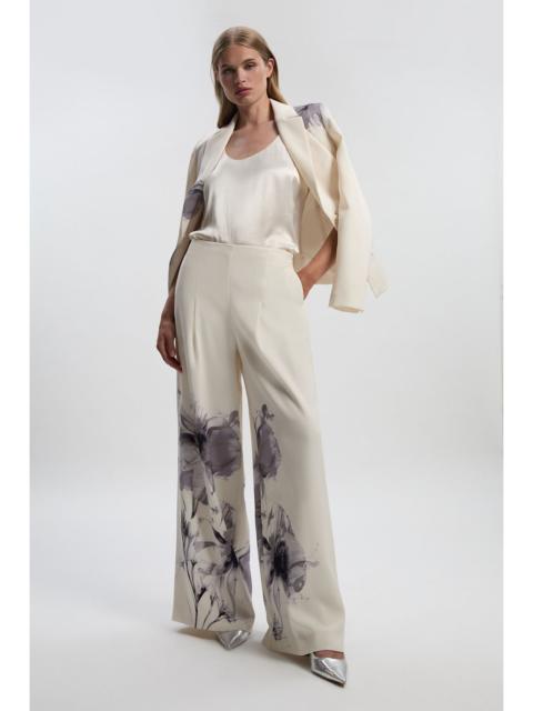 KAREN MILLEN Floral Placement Print Tailored Crepe Pleat Detail Wide Leg Trousers