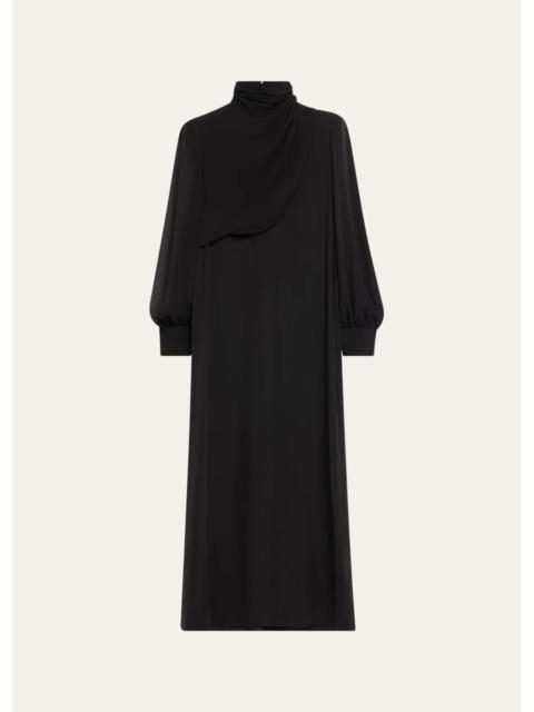 Valentino Mock-Neck Draped Silk Georgette Long-Sleeve Maxi Dress