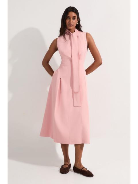 KAREN MILLEN Compact Stretch Viscose Tie Neck Tailored Full Skirted Midi Dress