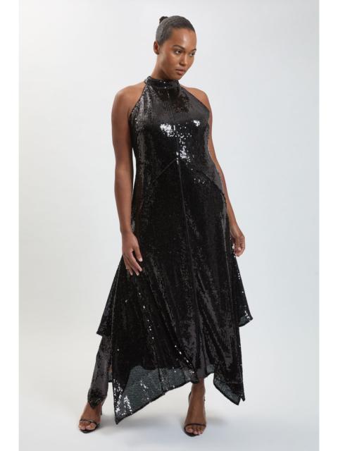 KAREN MILLEN Plus Size Sequin Halter Neck Hanky Hem Maxi Dress