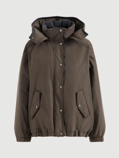 Brunello Cucinelli Techno cotton taffeta outerwear jacket with detachable knit hood and shiny zipper pull