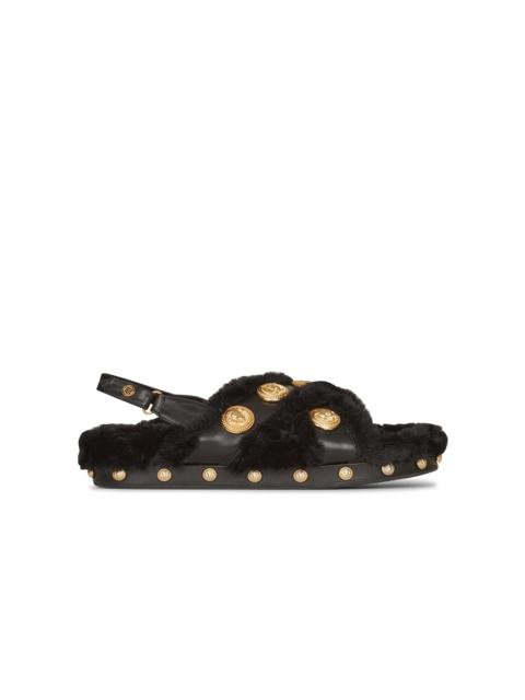 Balmain Faux fur and leather Tam flat sandals