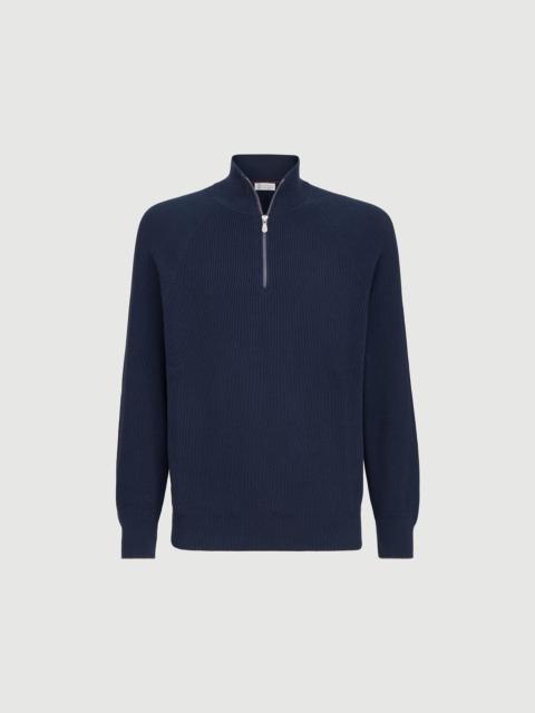 Brunello Cucinelli Cotton English rib sweater with half zip and raglan sleeves