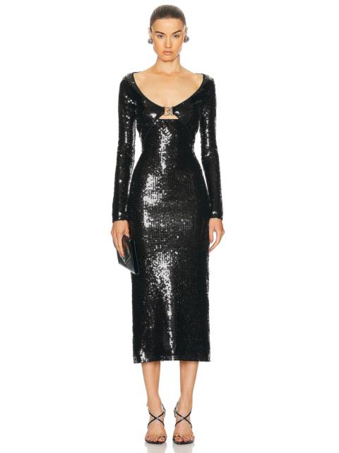 David Koma Logo Buckle Long Sleeve Sequin Midi Dress