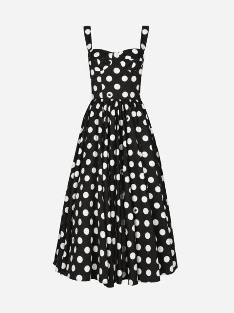 Cotton calf-length corset dress with polka-dot print