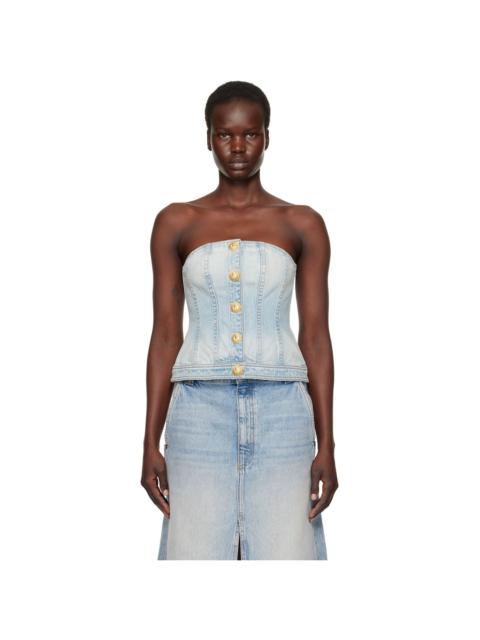 Balmain Blue Buttoned Denim Corset Top
