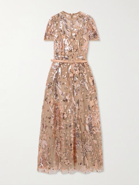 ELIE SAAB Belted Sequin-embellished Tulle Midi Dress