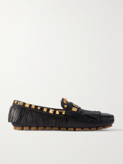 Valentino Plaster Caster Driver Fringed Studded Textured-leather Loafers