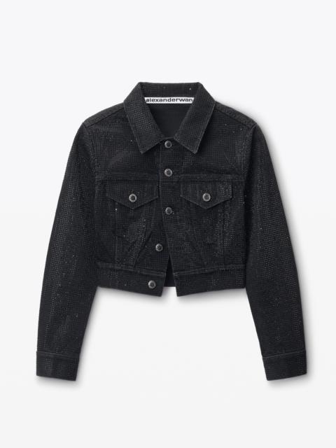 shrunken trucker jacket in crystal hotfix denim