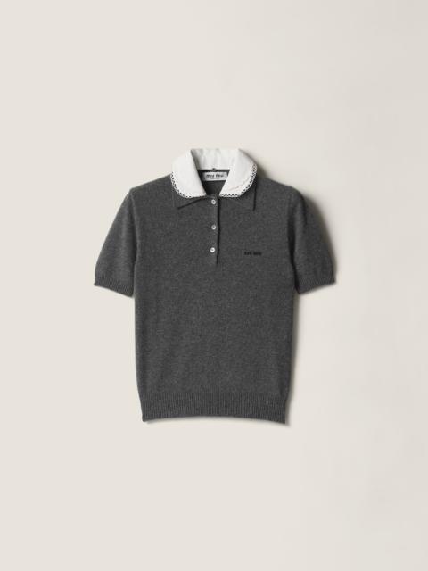 Miu Miu Cashmere polo with embroidered poplin collar