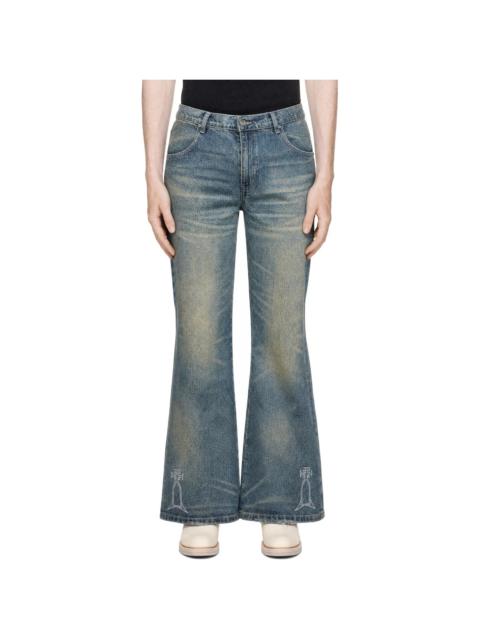 WHO DECIDES WAR Blue Demi Flare Fit Median Embroidery Jeans
