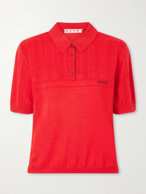 Marni Patterned wool and silk-blend knitted polo shirt Red